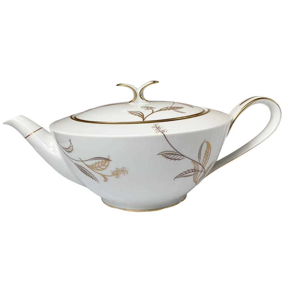 Noritake Jania 5631 Teapot Gold Tan‎ Leaf Pattern White China Japan Vintage
